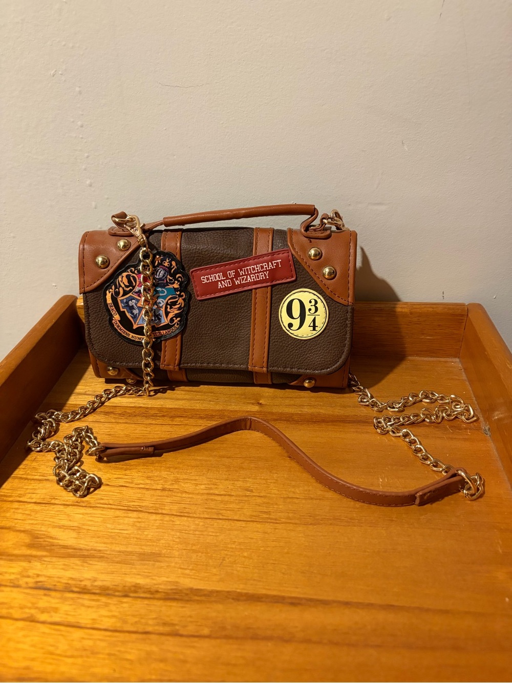 Brown Harry Potter Patch Crossbody Bag with Gold Chain